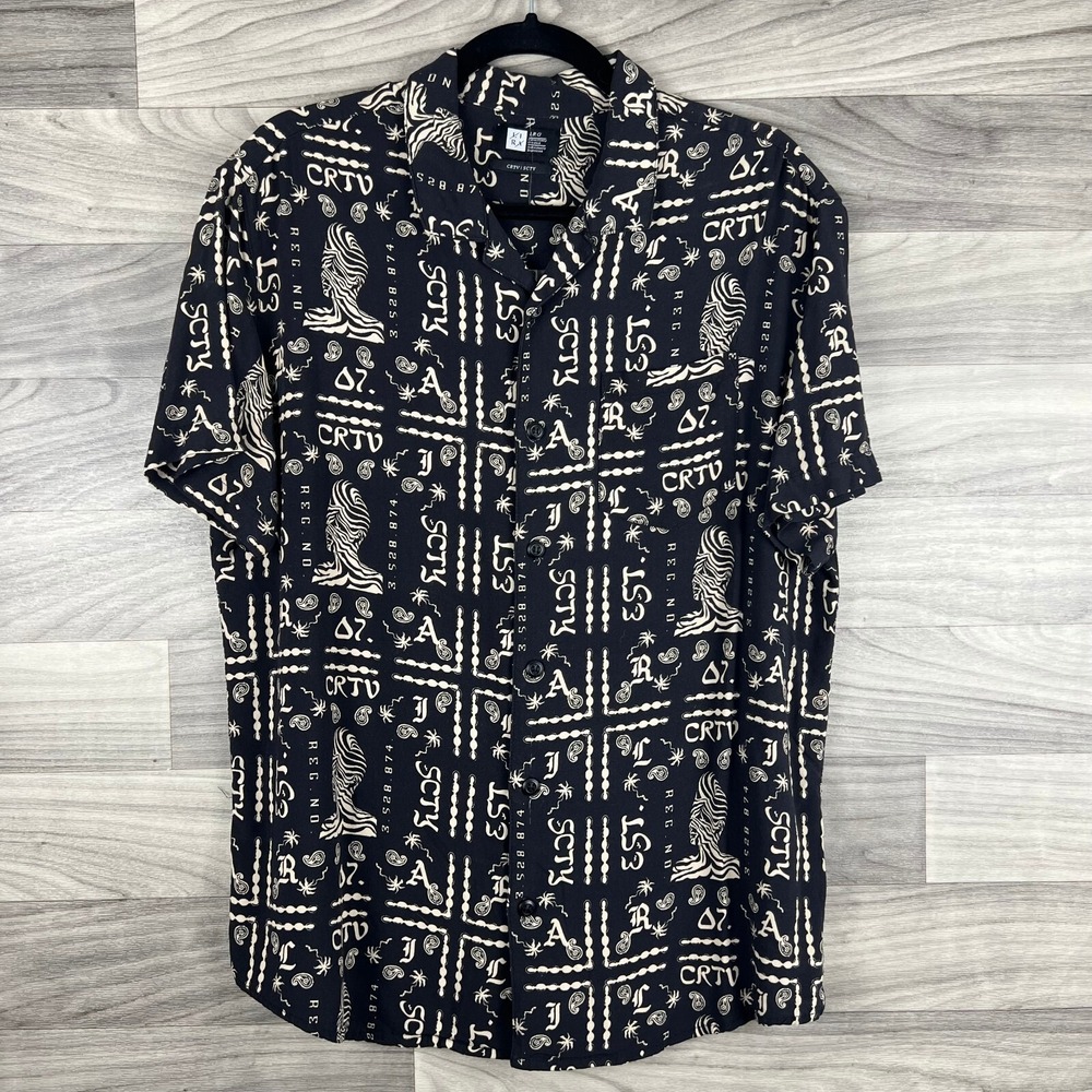 Lira CRTV SCTY Button‎ Up Shirt Mens L Black Logo Short Sleeve Rayon Collared